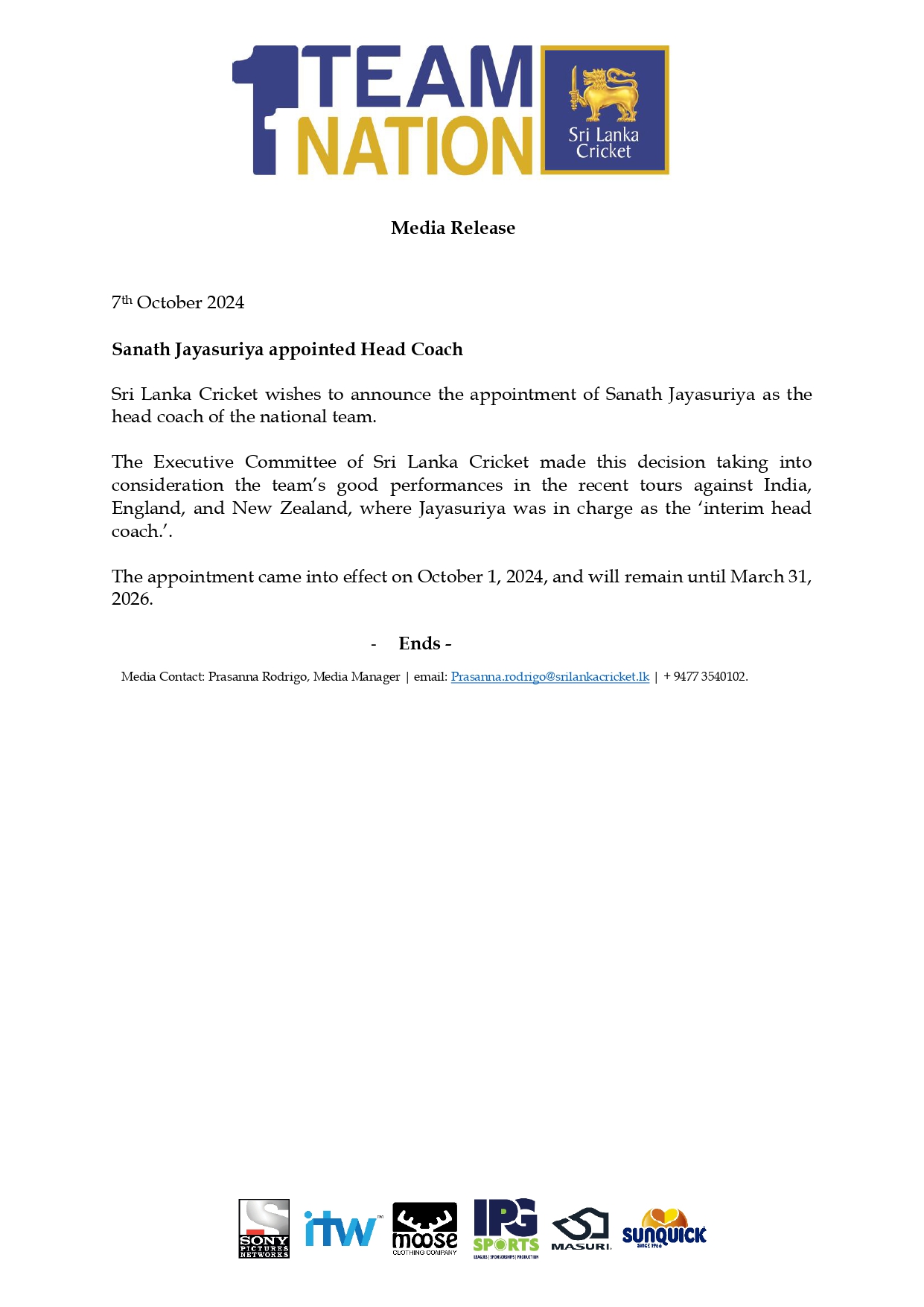 Media Release SLCM202490 Sanath Jayasuriya appointed Head Coach 1 page 0001